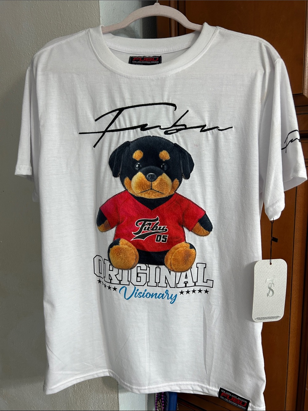 FUBU White Tee with Rottweiler Graphic and Red Jersey